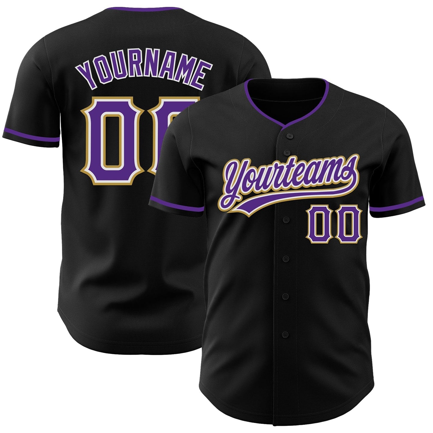 Custom Black Purple White-Old Gold Authentic Baseball Jersey baseball jersey product view 1