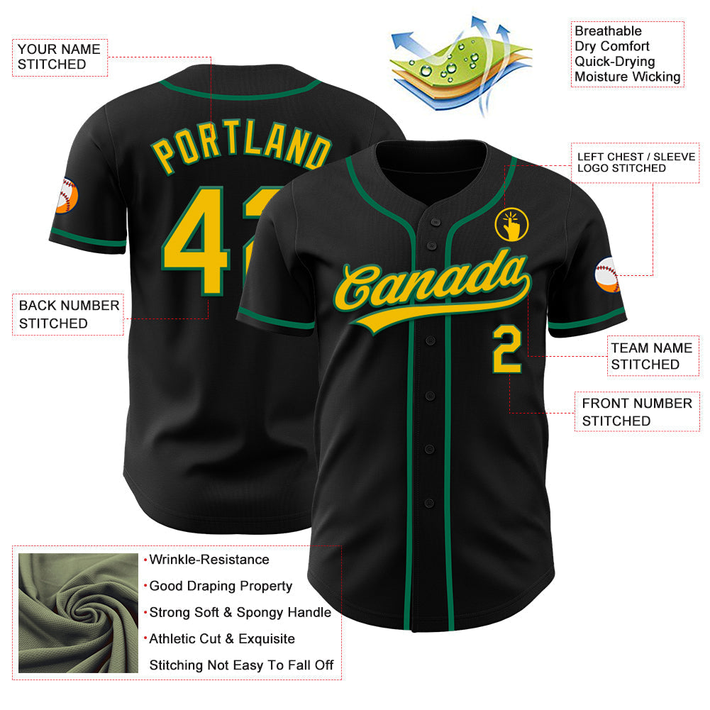 Custom Black Yellow-Kelly Green Authentic Baseball Jersey baseball jersey product view 3