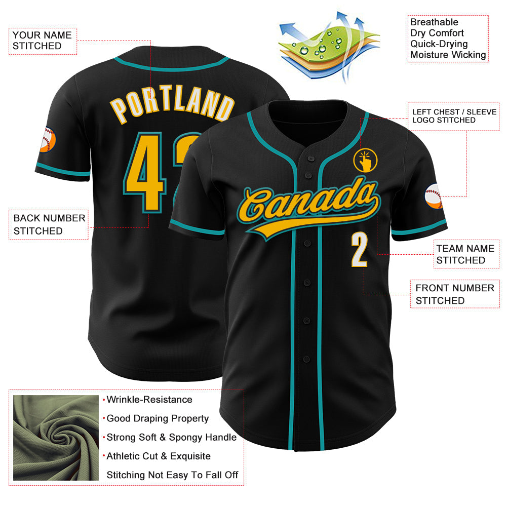 Custom Black Gold Teal-White Authentic Baseball Jersey baseball jersey product view 3