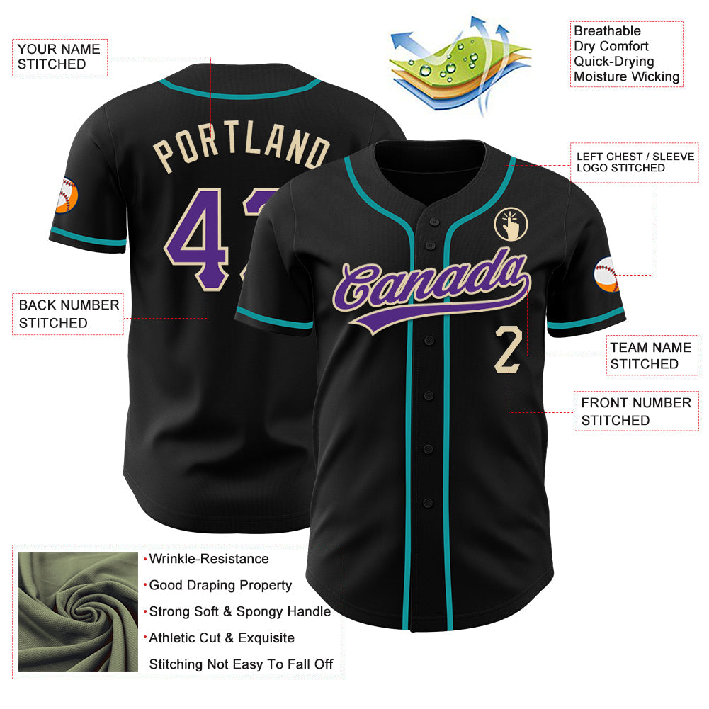 Custom Black Purple Cream-Teal Authentic Baseball Jersey baseball jersey product view 3