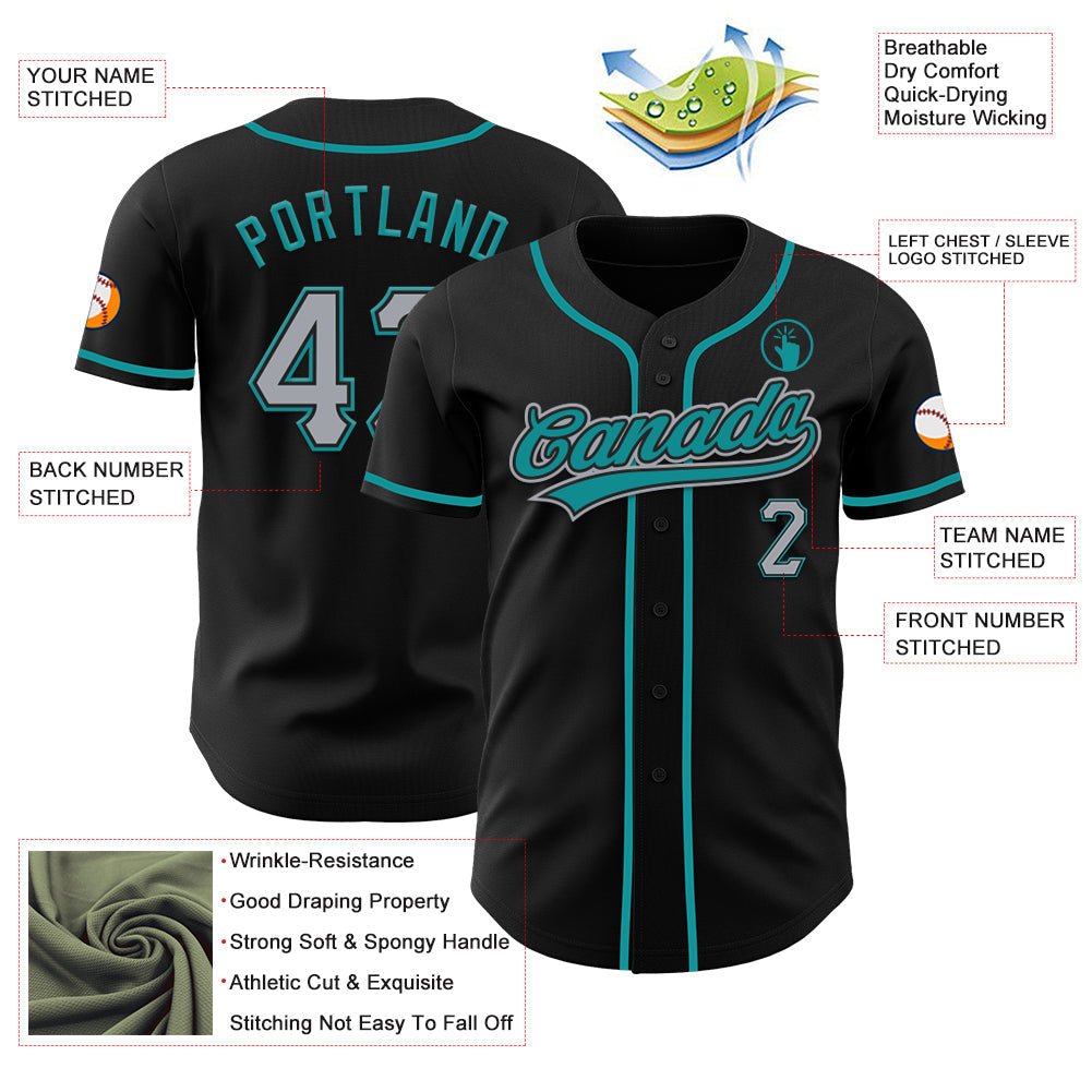 Custom Black Gray-Teal Authentic Baseball Jersey baseball jersey product view 3