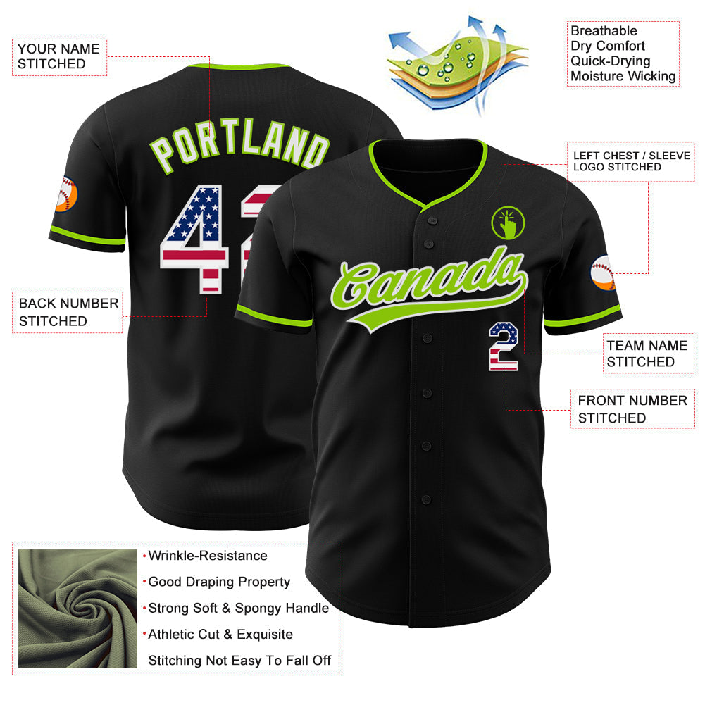 Custom Black USA Flag Neon Green-White Authentic Baseball Jersey baseball jersey product view 3