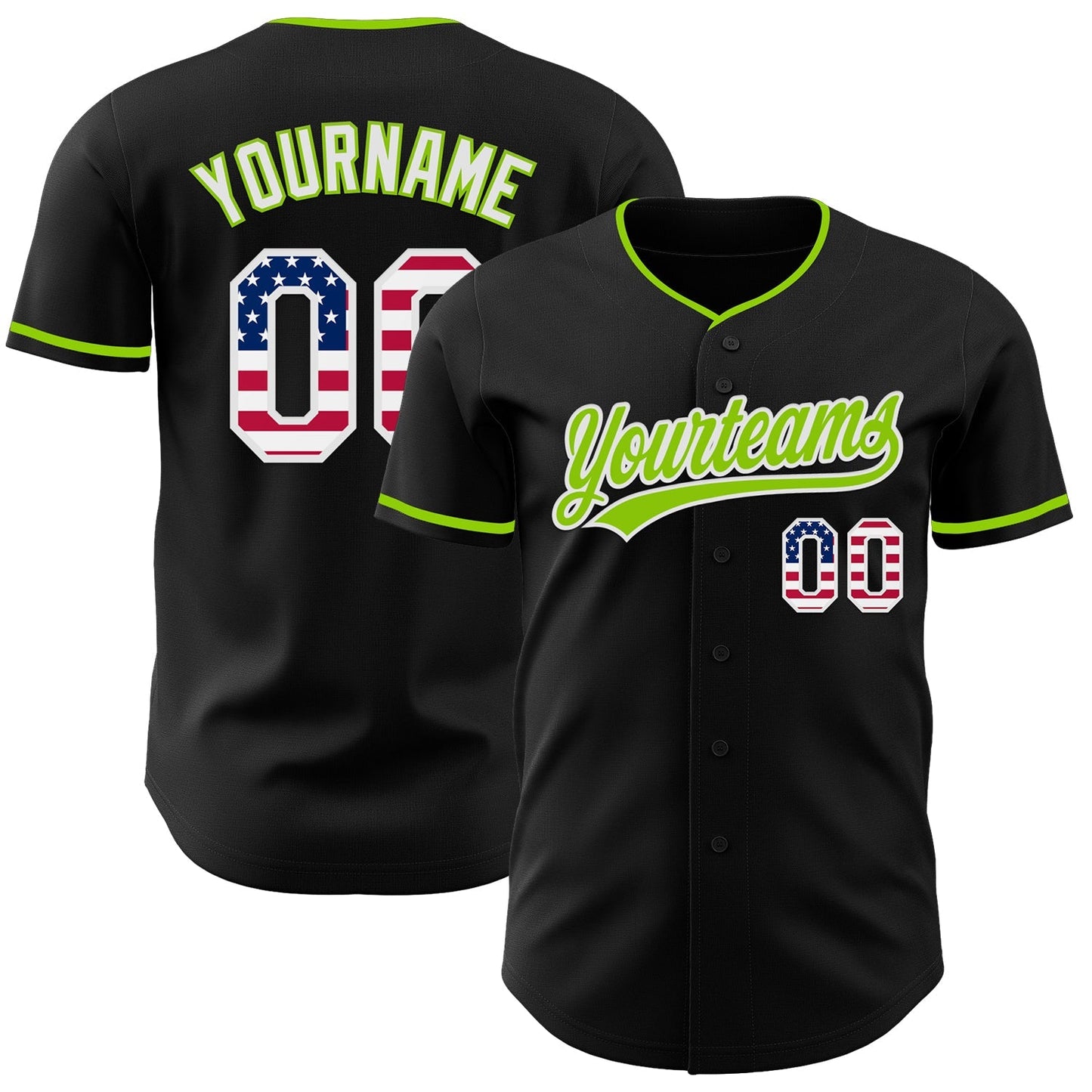 Custom Black USA Flag Neon Green-White Authentic Baseball Jersey baseball jersey product view 1