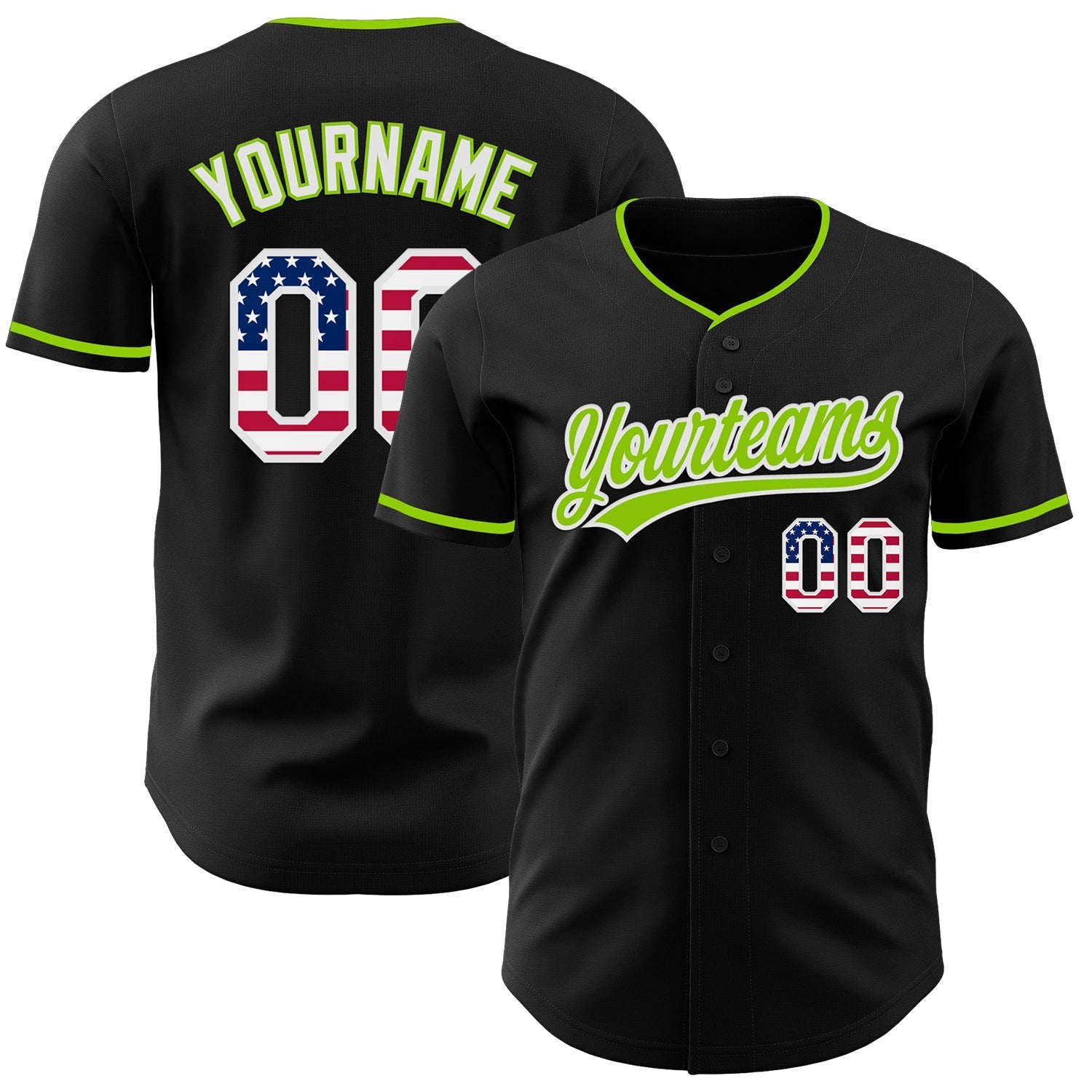 Custom Black USA Flag Neon Green-White Authentic Baseball Jersey baseball jersey product view 1