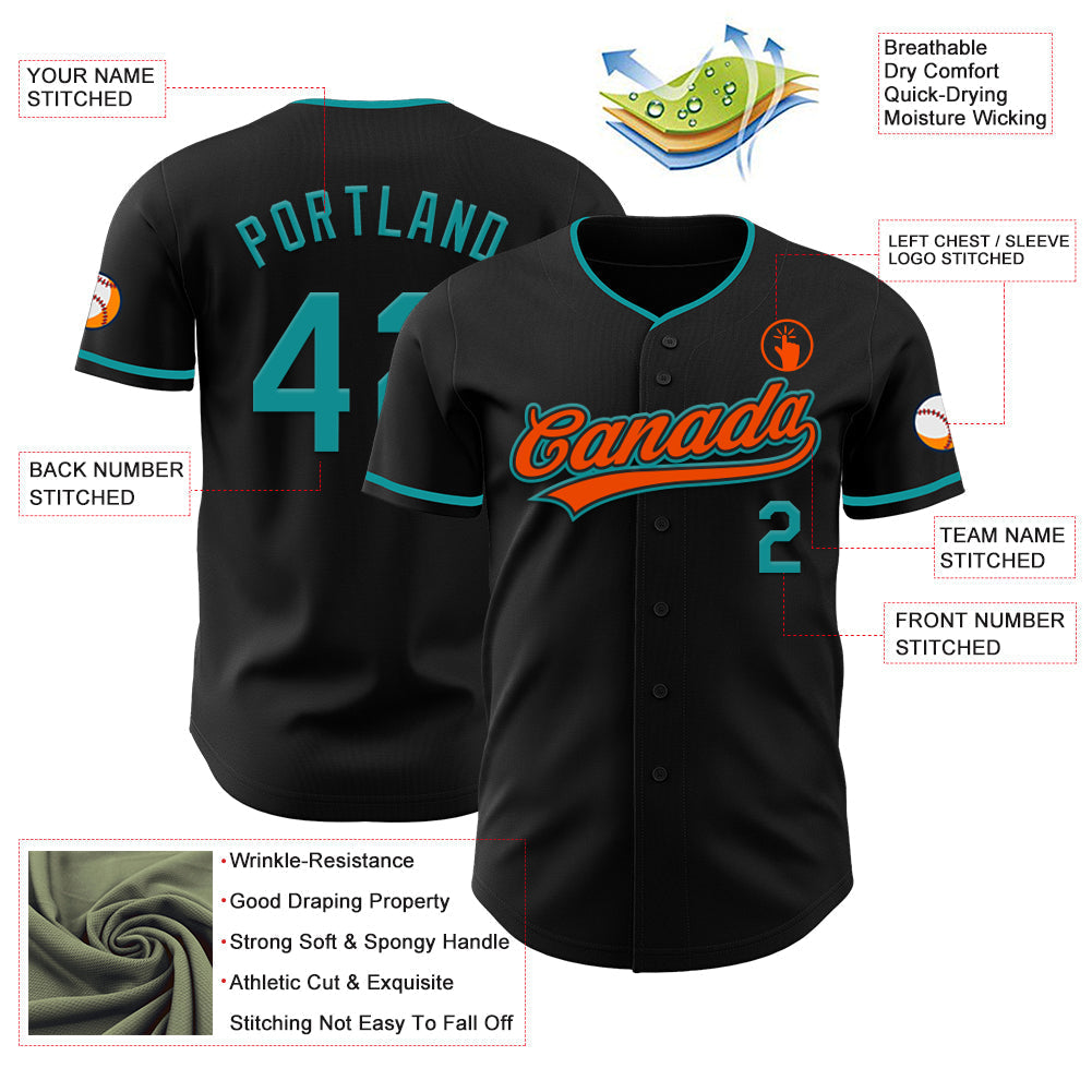 Custom Black Teal-Orange Authentic Baseball Jersey baseball jersey product view 3