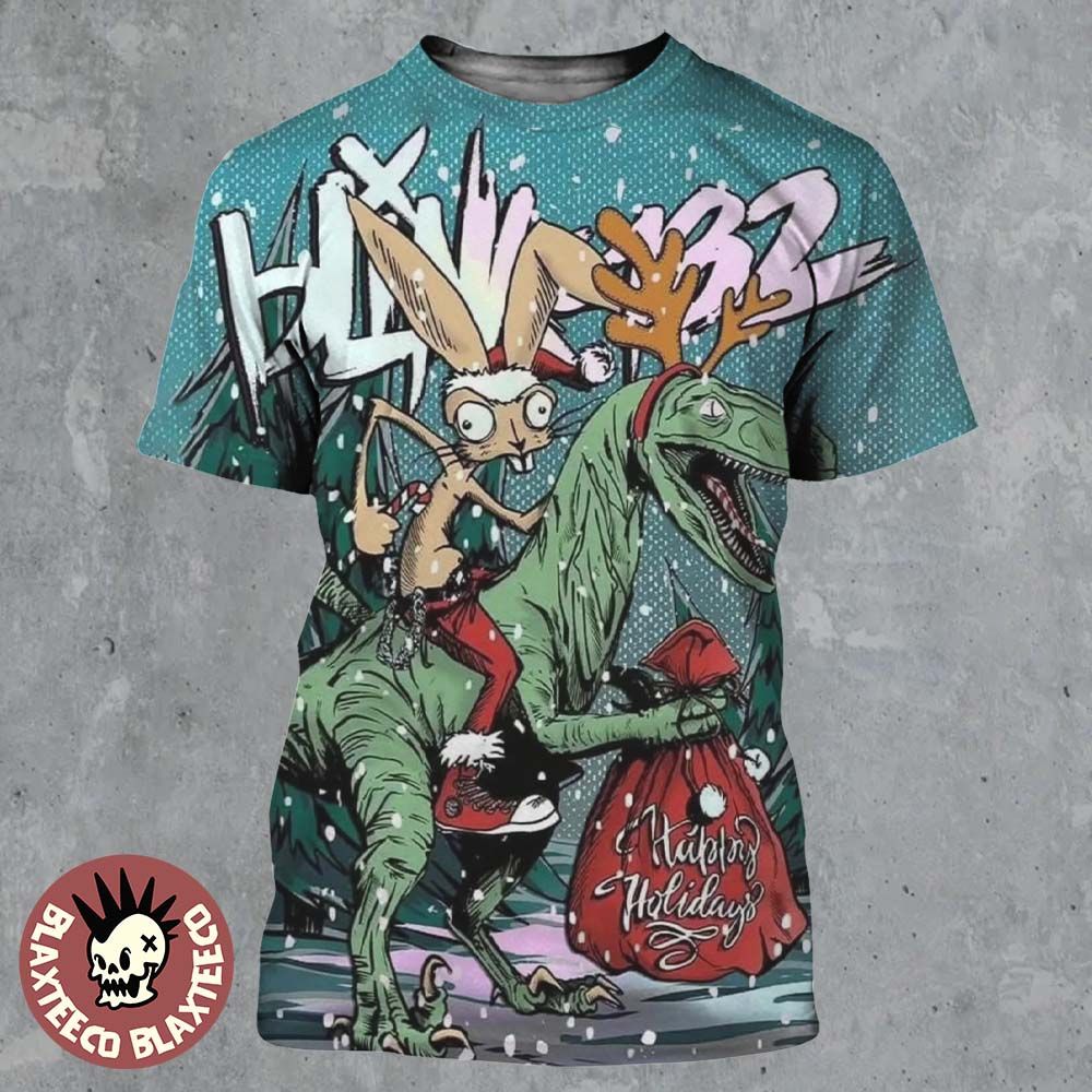 Blink 182 Happy Holidays 2025 Merry Xmas Rabbit Riding Velociraptor All Over Print Shirt Unisex T-shirt, Sweatshirt, Hoodie, Long Sleeve Tee - T-Shirt, Sweatshirt, Hoodie