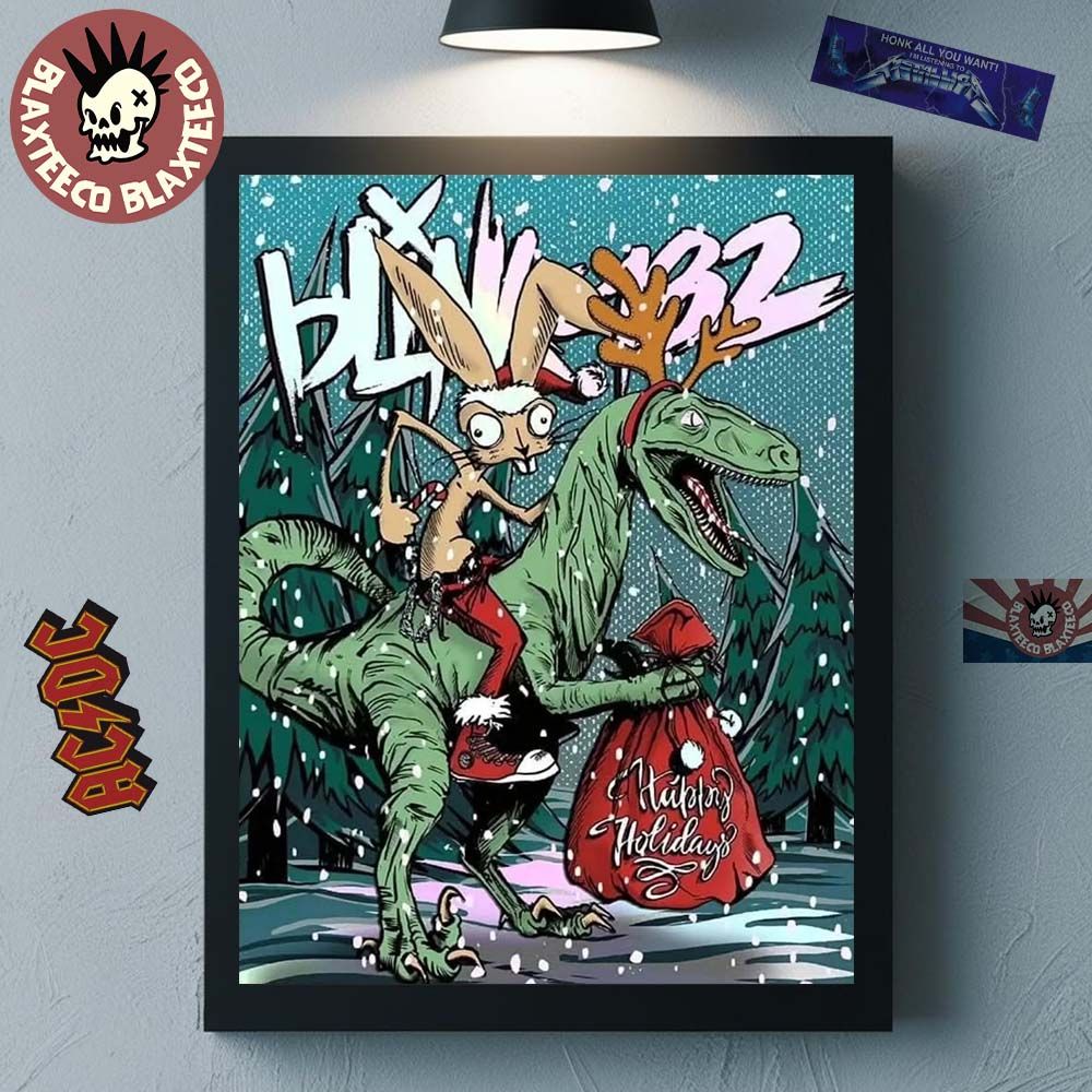 Blink 182 Happy Holidays 2025 Merry Xmas Rabbit Riding Velociraptor Poster Canvas Unisex T-shirt, Sweatshirt, Hoodie, Long Sleeve Tee - T-Shirt, Sweatshirt, Hoodie