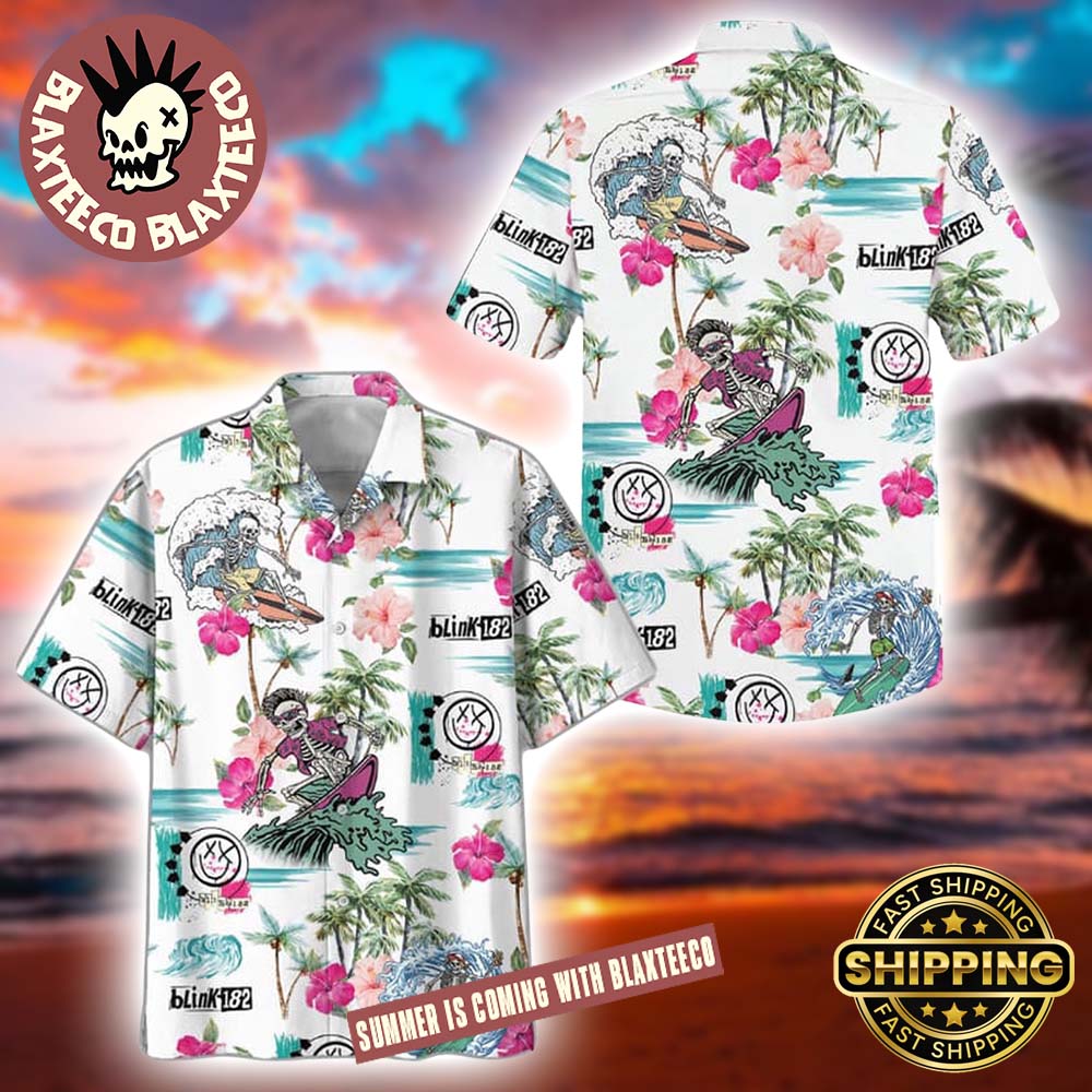Blink 182 Skeleton Surfing White 2026 Tropical Hawaiian Shirt Unisex T-shirt, Sweatshirt, Hoodie, Long Sleeve Tee - T-Shirt, Sweatshirt, Hoodie