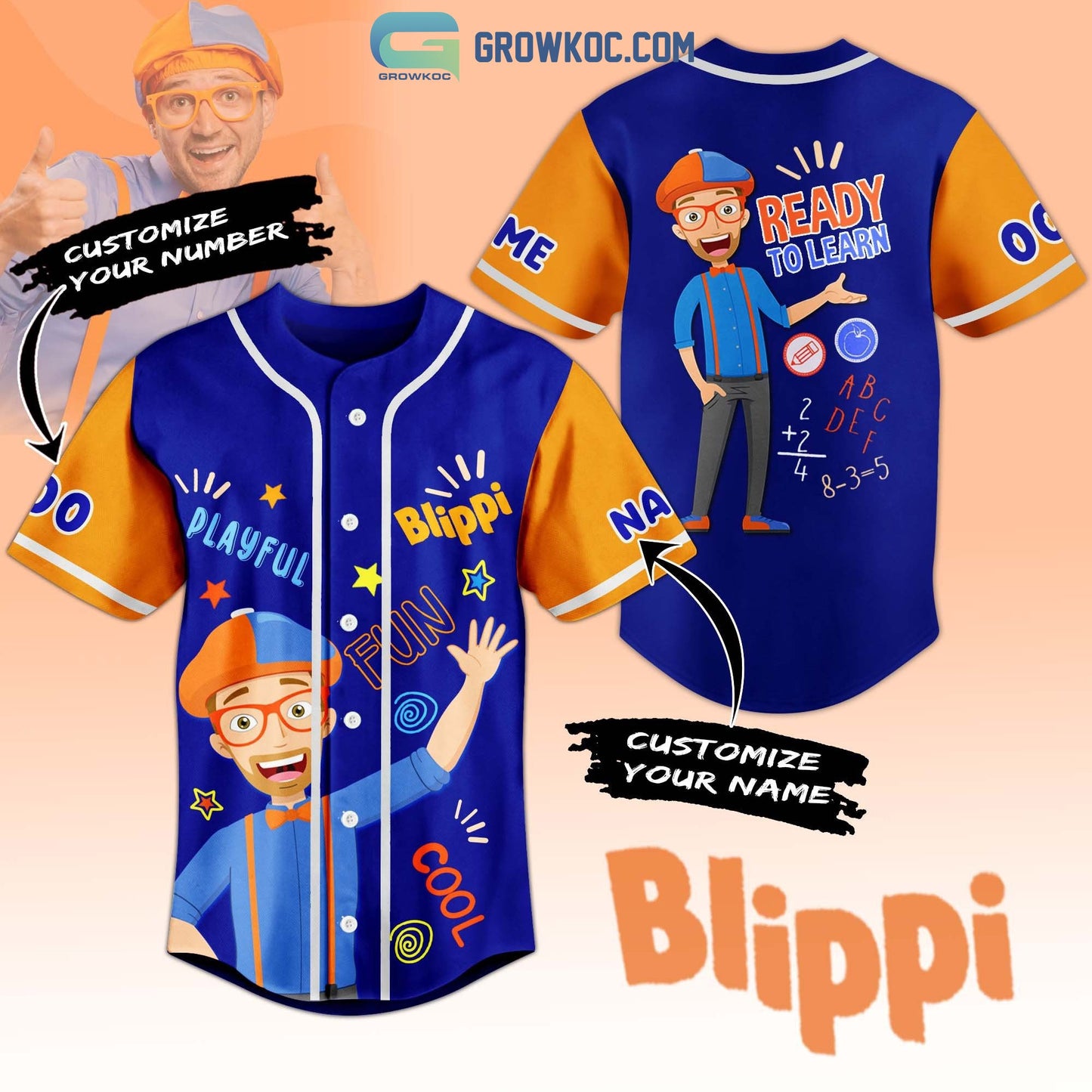 Blippi Ready To Learn Fun Cool Personalized Baseball Jersey baseball jersey product view 1