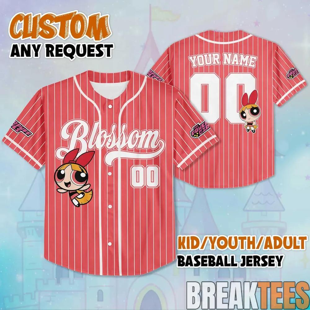 Blossom The Powerpuff Girls Baseball Jersey V2 Unisex T-shirt, Sweatshirt, Hoodie, Long Sleeve Tee - T-Shirt, Sweatshirt, Hoodie
