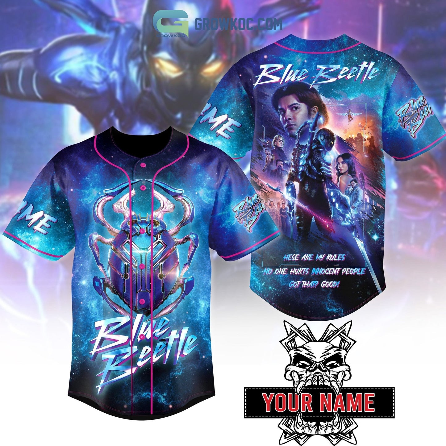 Blue Beetle Hese Are My Rules No One Hurts Innocent People Personalized Baseball Jersey baseball jersey product view 1