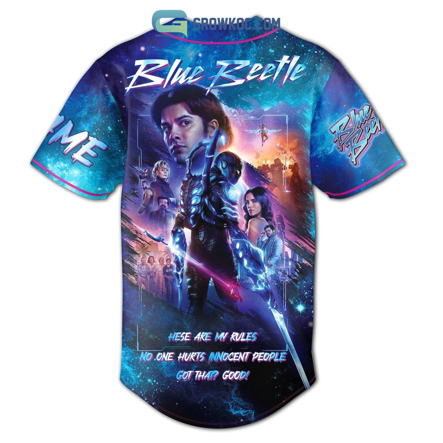 Blue Beetle Hese Are My Rules No One Hurts Innocent People Personalized Baseball Jersey baseball jersey product view 3