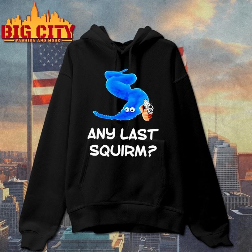 Blue Worm On A String Holding Gun Any Last Squirm - Adult & Kids T-Shirts, Sweatshirts & Hoodies apparel design preview 2