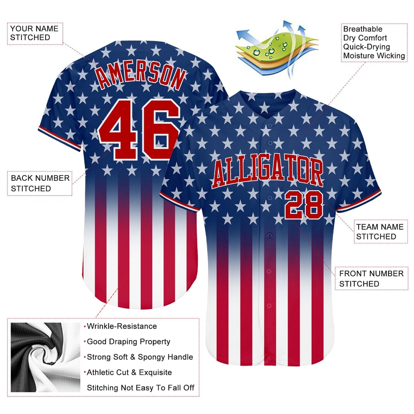 Custom Blue Red-White 3D American Flag Fashion Authentic Baseball Jersey baseball jersey product view 4