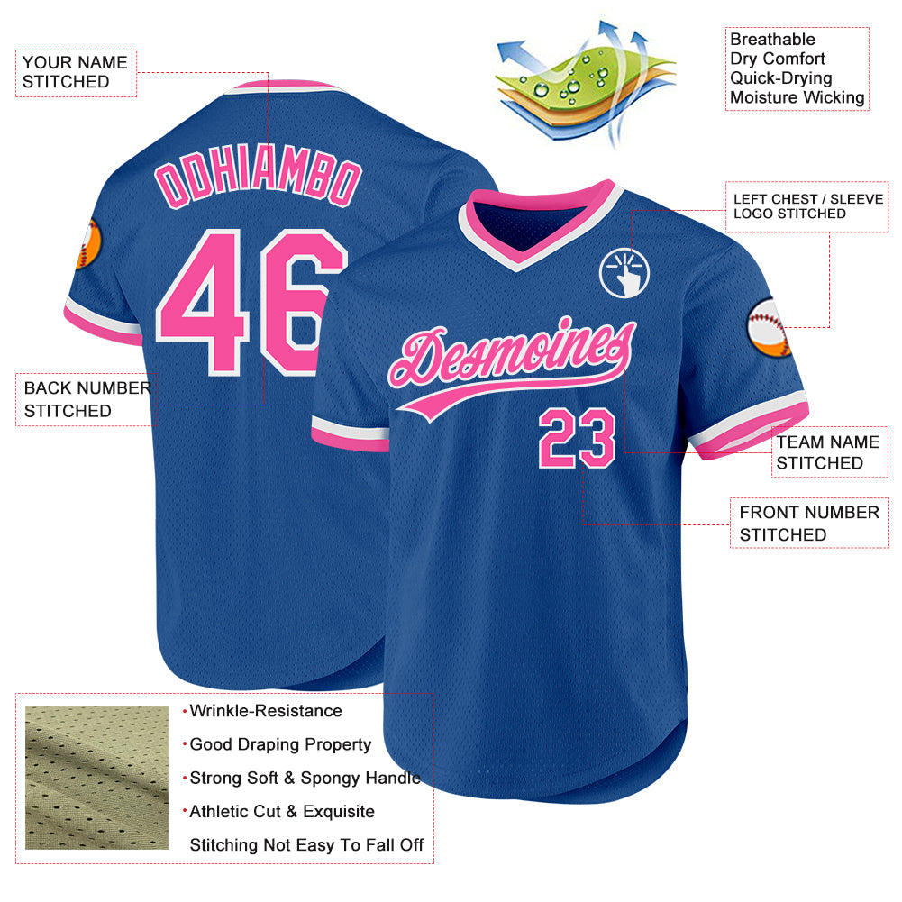 Custom Blue Pink-White Authentic Throwback Baseball Jersey baseball jersey product view 3
