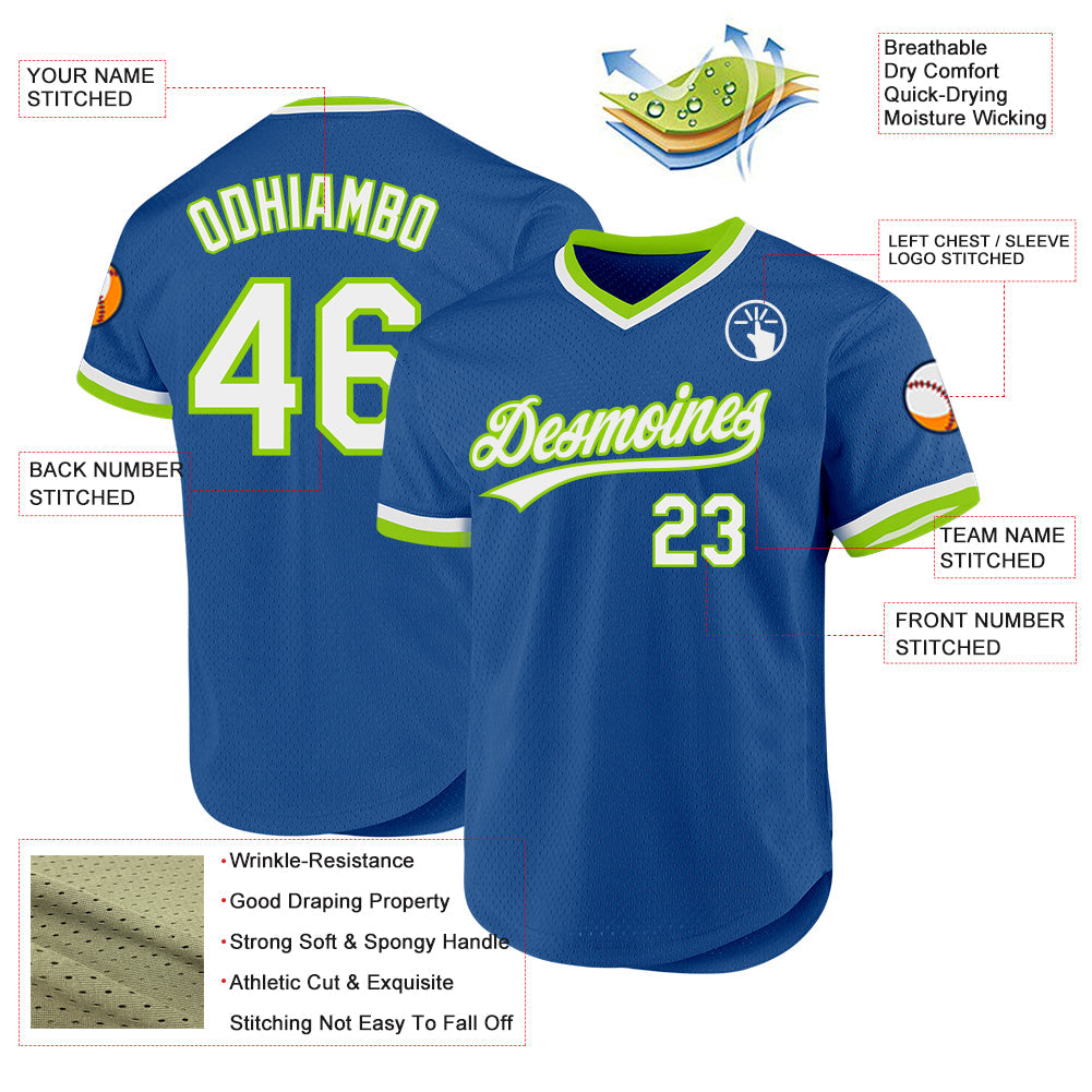 Custom Blue White-Neon Green Authentic Throwback Baseball Jersey baseball jersey product view 3