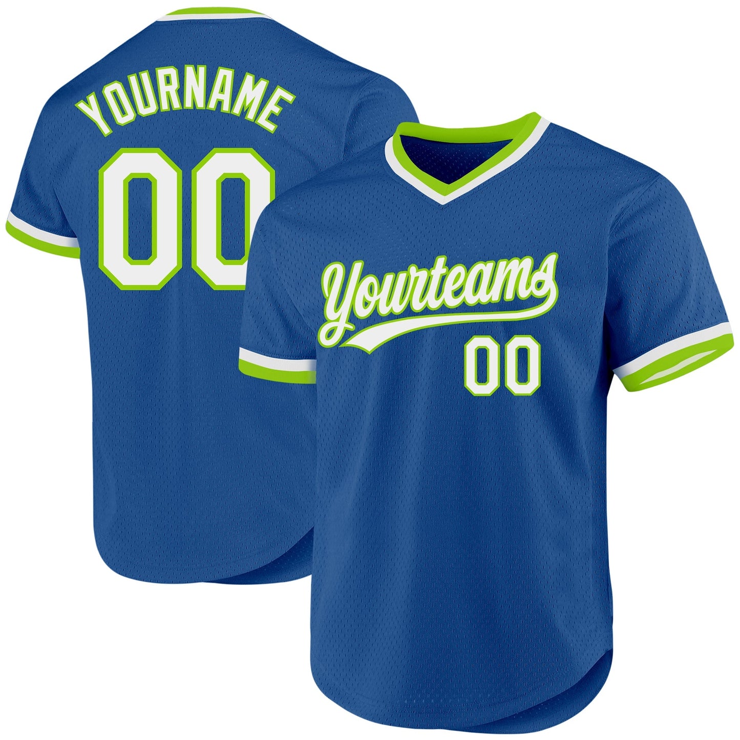 Custom Blue White-Neon Green Authentic Throwback Baseball Jersey baseball jersey product view 1