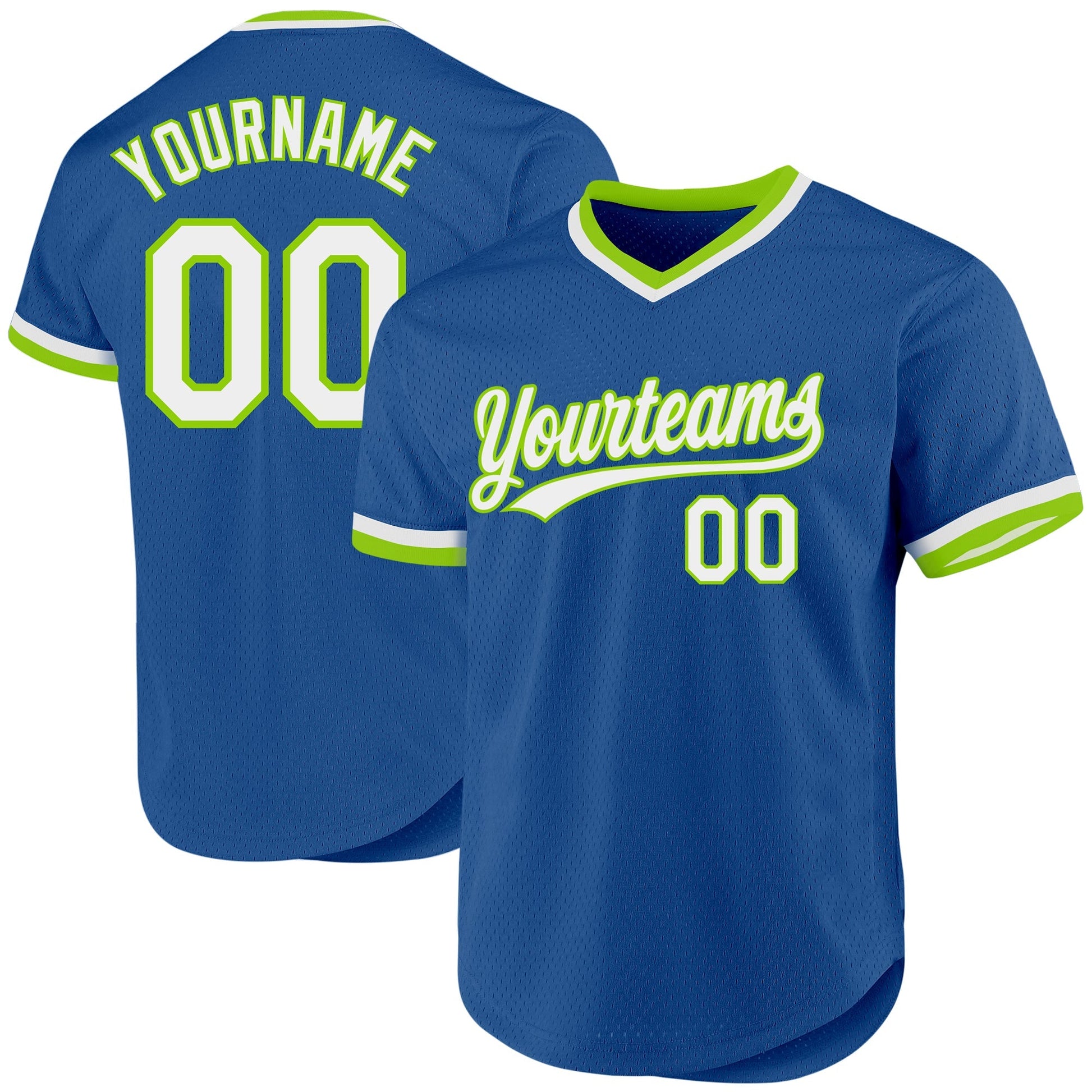 Custom Blue White-Neon Green Authentic Throwback Baseball Jersey baseball jersey product view 1