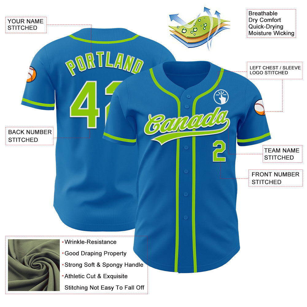 Custom Blue Neon Green-White Authentic Baseball Jersey baseball jersey product view 3