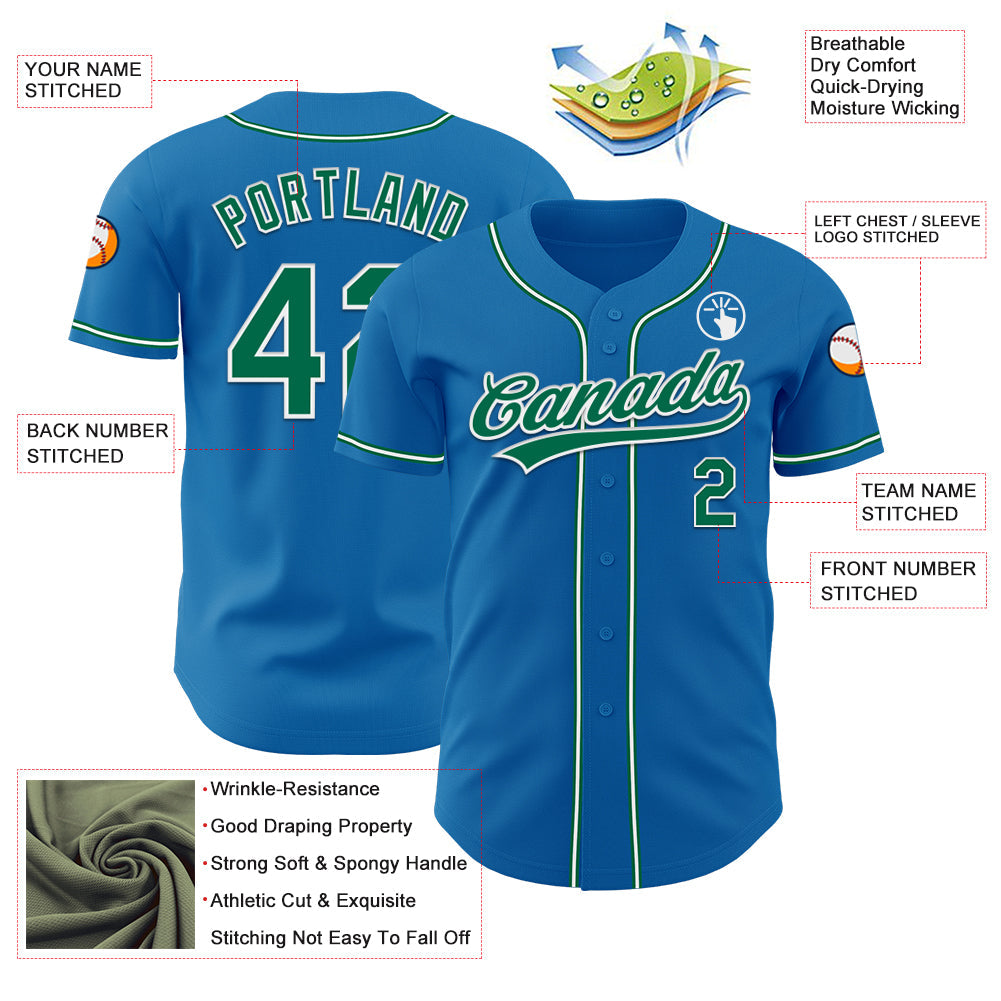 Custom Blue Kelly Green-White Authentic Baseball Jersey baseball jersey product view 3