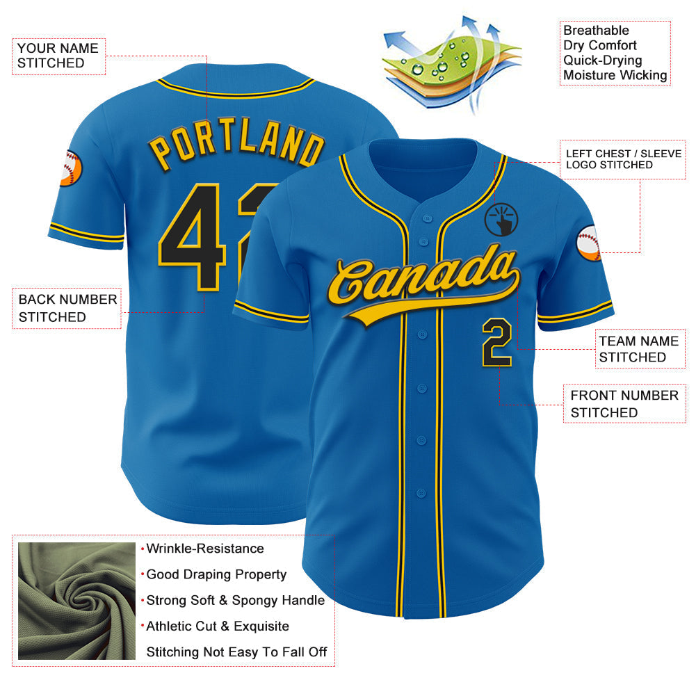 Custom Blue Black-Yellow Authentic Baseball Jersey baseball jersey product view 3