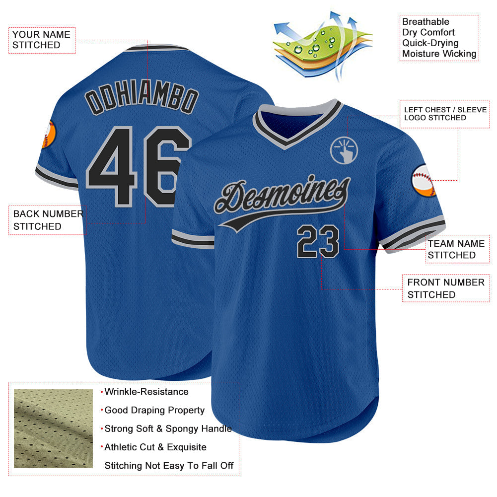 Custom Blue Black-Gray Authentic Throwback Baseball Jersey baseball jersey product view 3