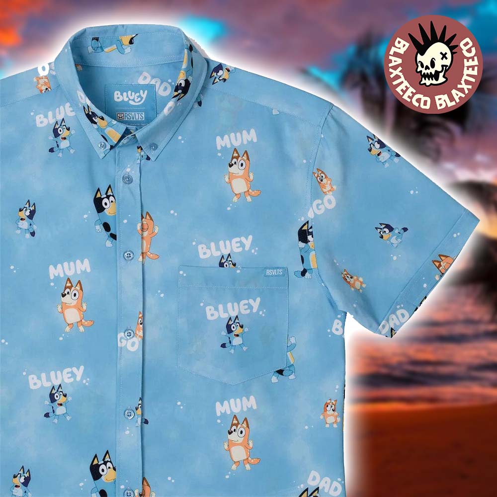 Bluey RSVLTS Meet the Heelers Button Short Sleeve Hawaiian Shirt Unisex T-shirt, Sweatshirt, Hoodie, Long Sleeve Tee - T-Shirt, Sweatshirt, Hoodie