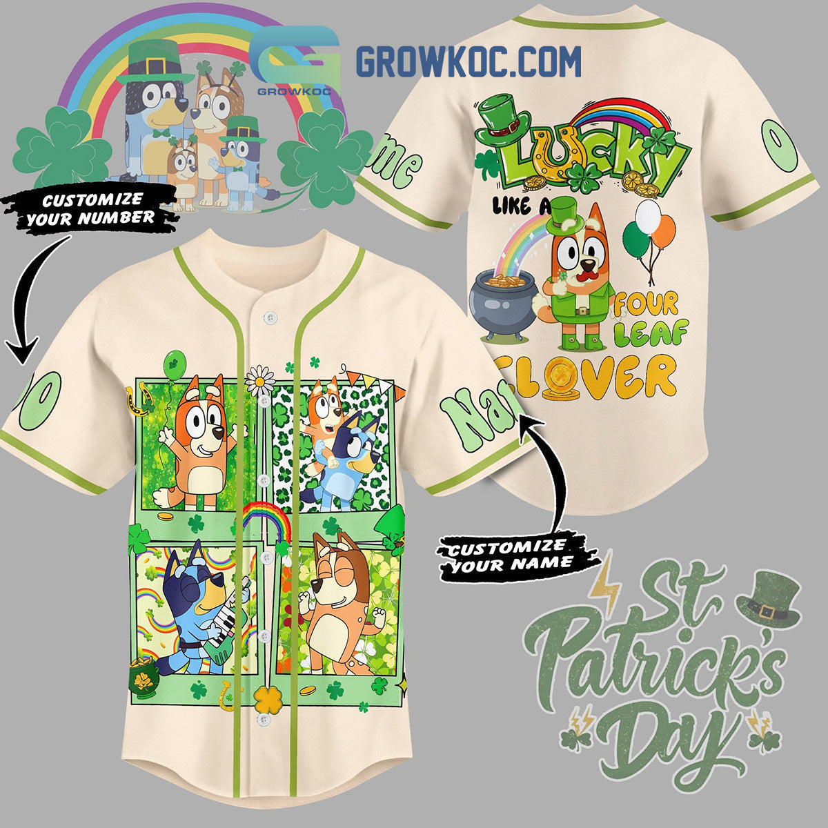 Bluey St. Patrick’s Day Fan Personalized Baseball Jersey baseball jersey product view 1