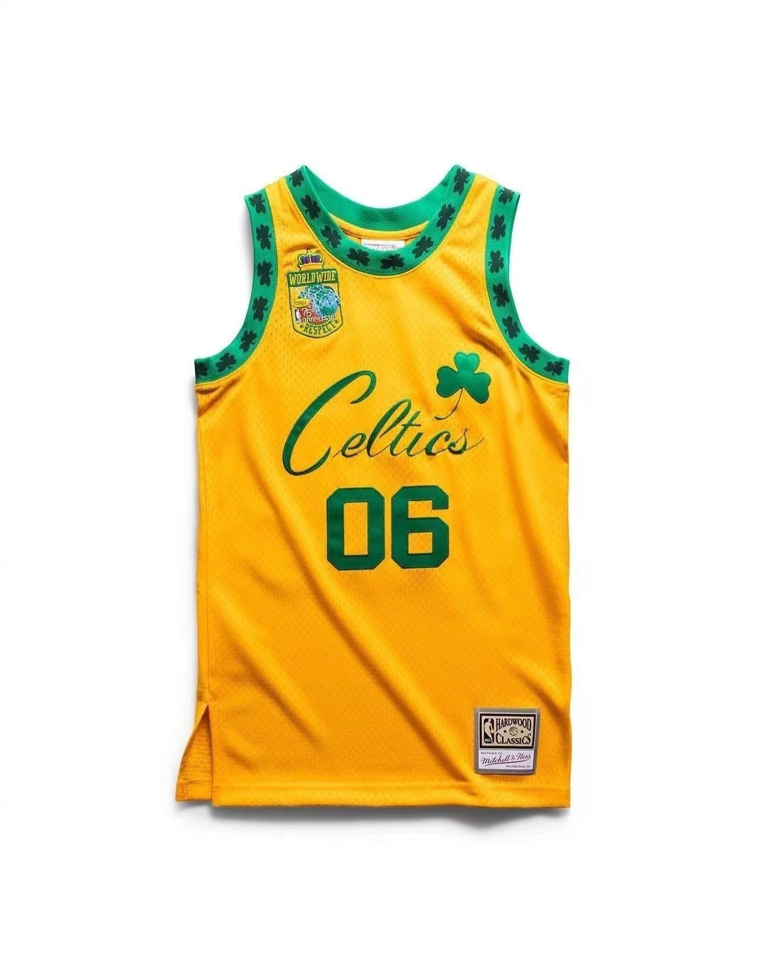 Bodega x mitchell&ness “Worldwide Respect” Collaboration Celtics 06 Yellow Embroidered Style 2_1 basketball jersey product view 1