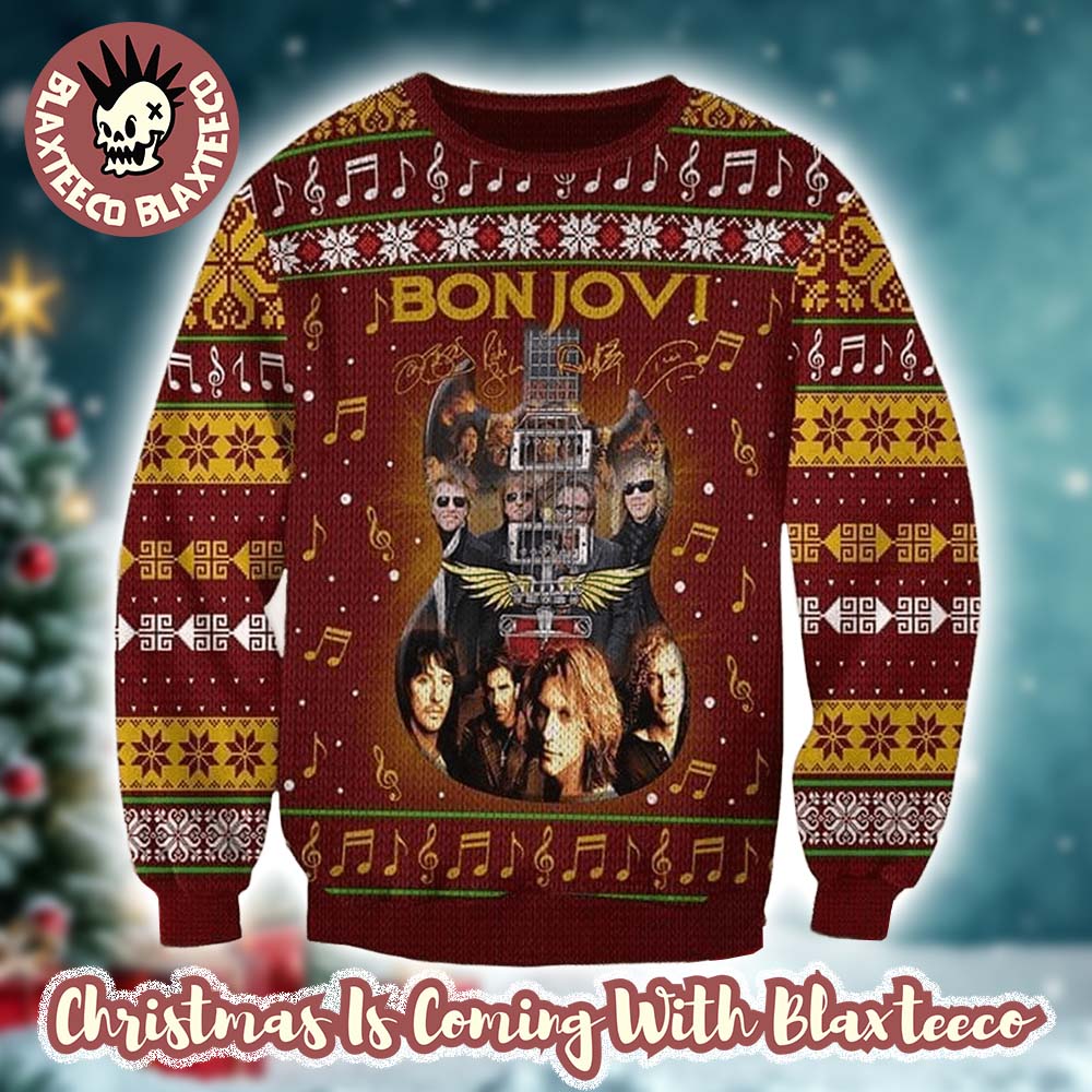 Bon Jovi Band Guitar With Signatures Band Photos Vintage Ugly Christmas Sweater Unisex T-shirt, Sweatshirt, Hoodie, Long Sleeve Tee - T-Shirt, Sweatshirt, Hoodie