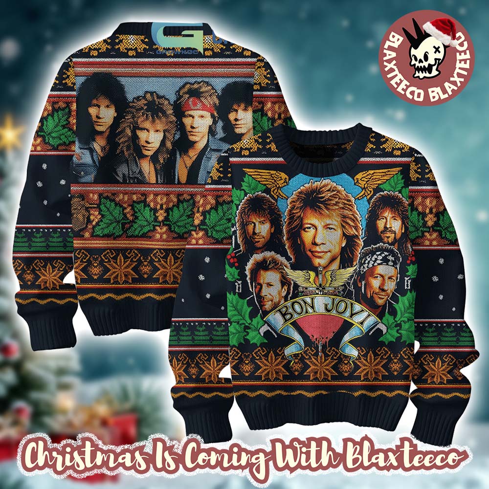 Bon Jovi Band Photo Retro Style Ugly Christmas Sweater Unisex T-shirt, Sweatshirt, Hoodie, Long Sleeve Tee - T-Shirt, Sweatshirt, Hoodie