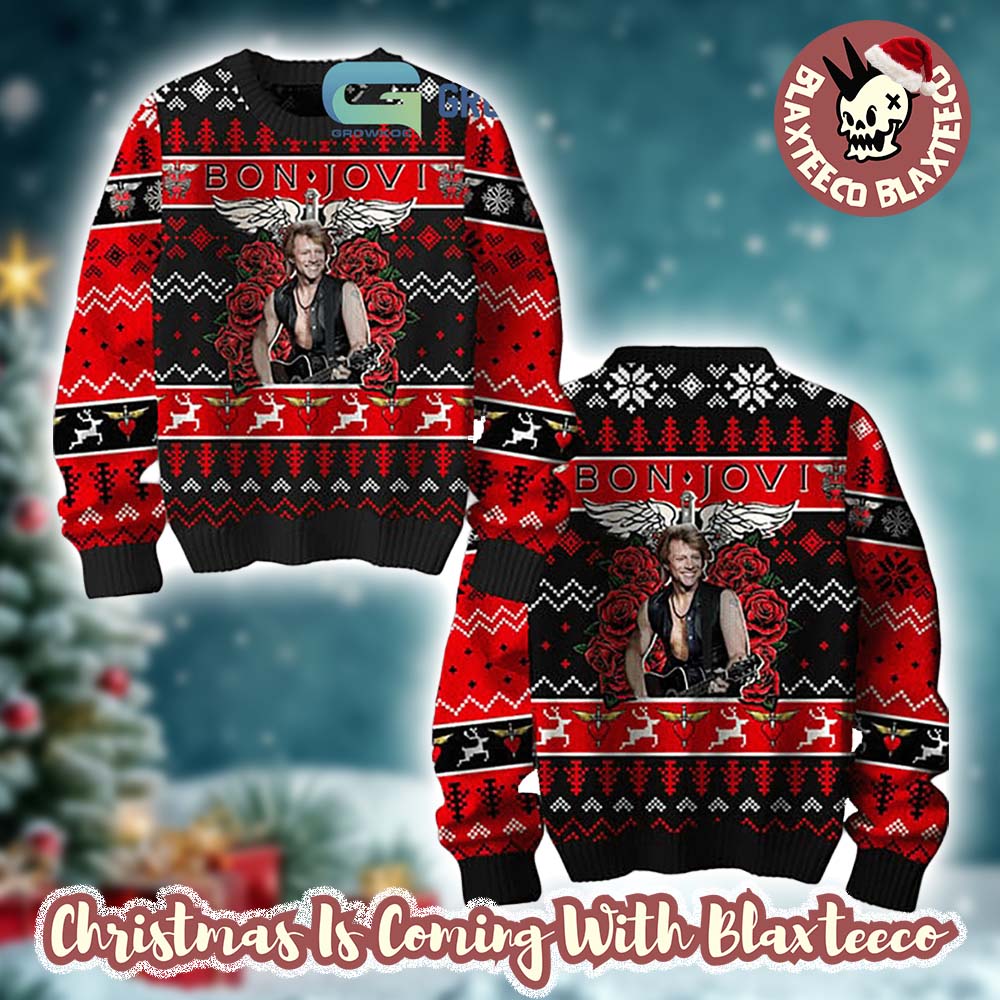 Bon Jovi Bed Of Roses Keep the Faith Inspired Knitted Black And Red Ugly Christmas Sweater - T-Shirt, Sweatshirt, Hoodie