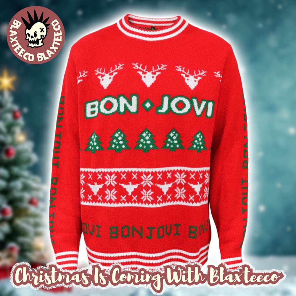 Bon Jovi Bon Tout Holiday Party Xmas Tree Red Knitted Ugly Christmas Sweater Unisex T-shirt, Sweatshirt, Hoodie, Long Sleeve Tee - T-Shirt, Sweatshirt, Hoodie