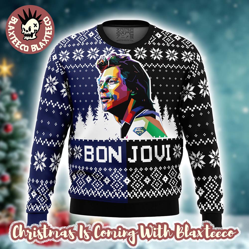 Bon Jovi Snowflakes Pattern Knitted Black And Blue Splitted Ugly Christmas Sweater Unisex T-shirt, Sweatshirt, Hoodie, Long Sleeve Tee - T-Shirt, Sweatshirt, Hoodie