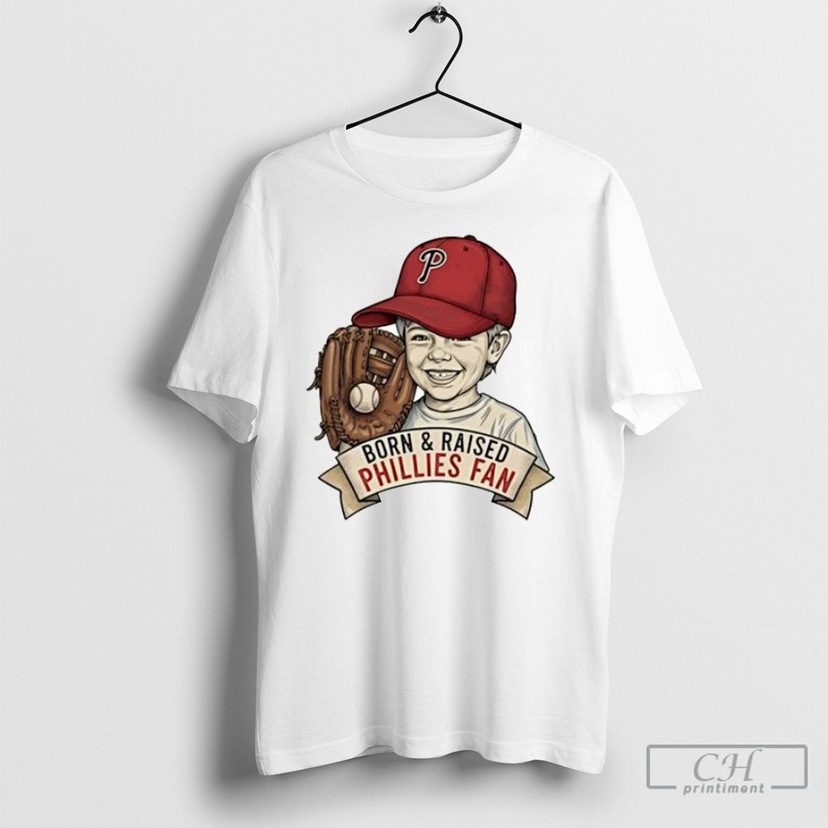 Born And Raised Phillies Fan Young Kid Baseball Glove Posters White Shirt Unisex T-shirt, Sweatshirt, Hoodie, Long Sleeve Tee - T-Shirt, Sweatshirt, Hoodie