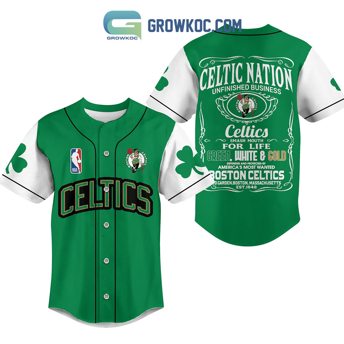 Boston Celtics Unfinished Business Shamrocks Baseball Jersey baseball jersey product view 1