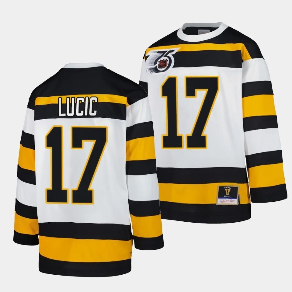Boston Bruins #17 Milan Lucic White 1991 Throwback Jersey Mitchell Ness Hockey Jersey hockey jersey product view 1