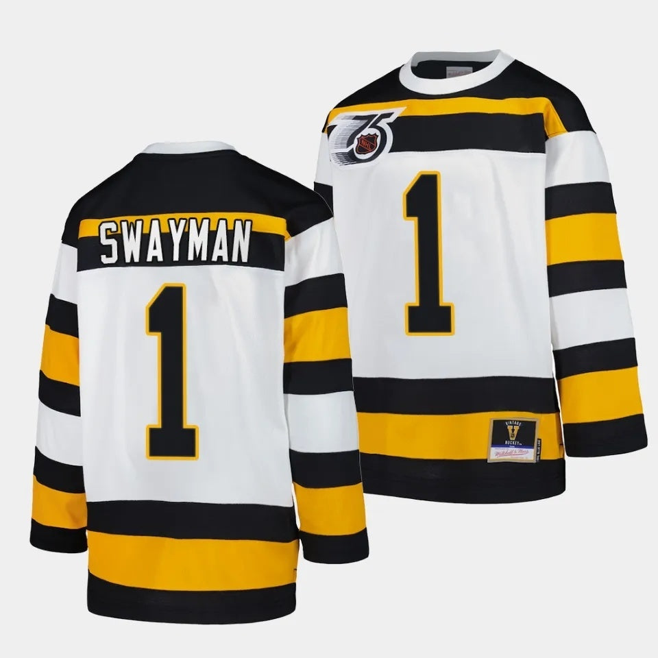 Boston Bruins #1 Jeremy Swayman White 1991 Throwback Jersey Mitchell Ness Hockey Jersey hockey jersey product view 1