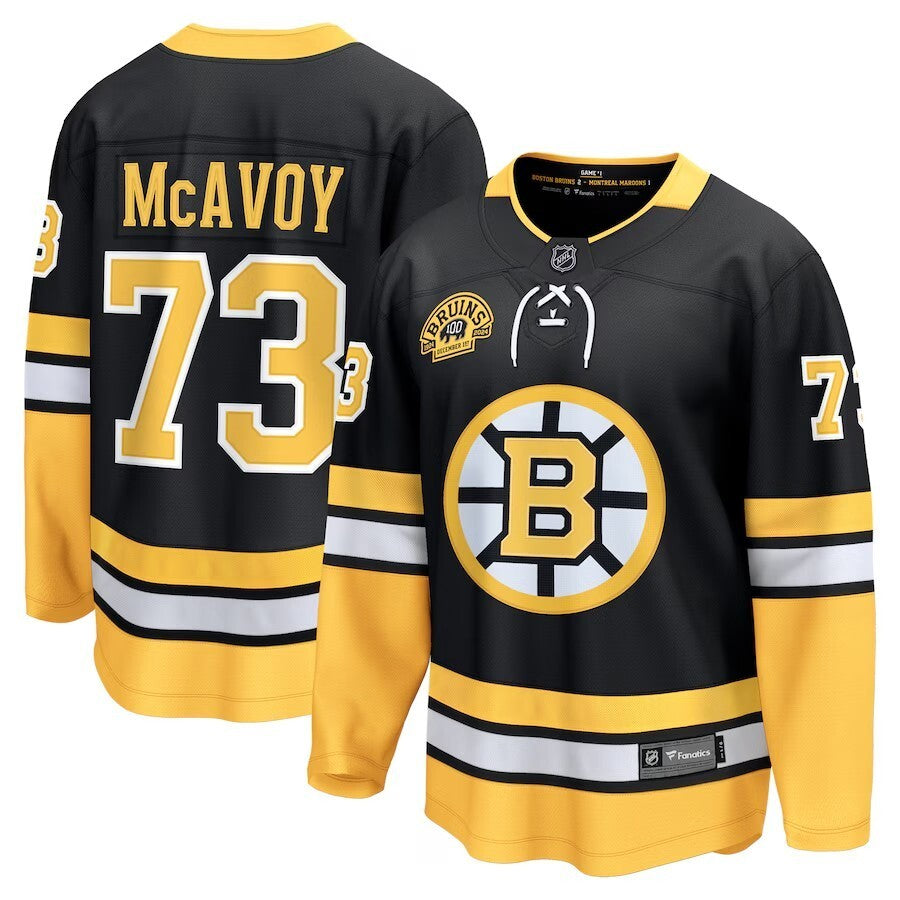 Boston Bruins #73 Charlie McAvoy 100th Anniversary Premier Breakaway Player Jersey - Black hockey jersey product view 1