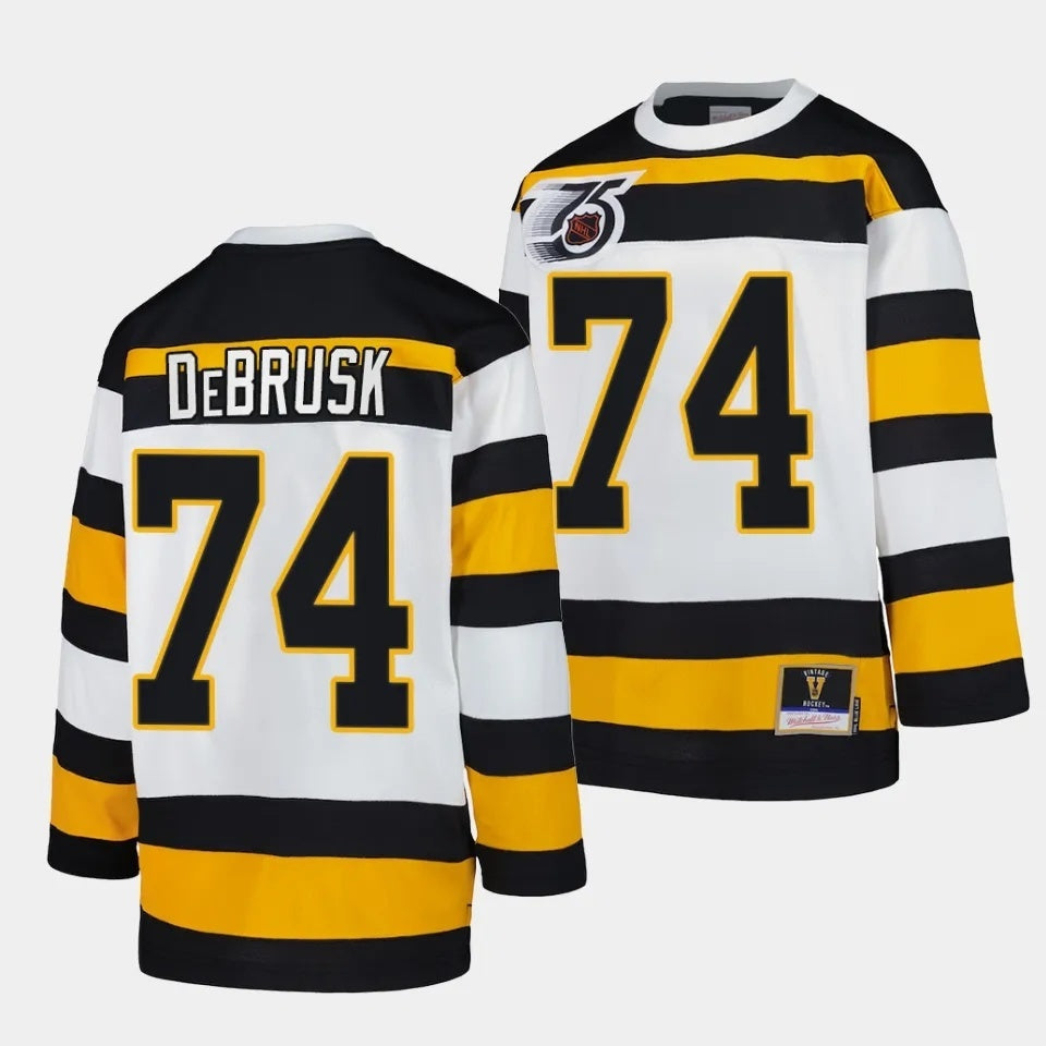 Boston Bruins #74 Jake DeBrusk White 1991 Throwback Jersey Mitchell Ness Hockey Jersey hockey jersey product view 1