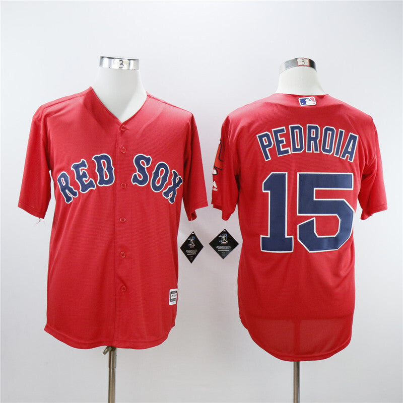 Boston Red Sox #15 Dustin Pedroia Red Sox 15 Red Fan With Team Logo Baseball Jersey baseball jersey product view 1