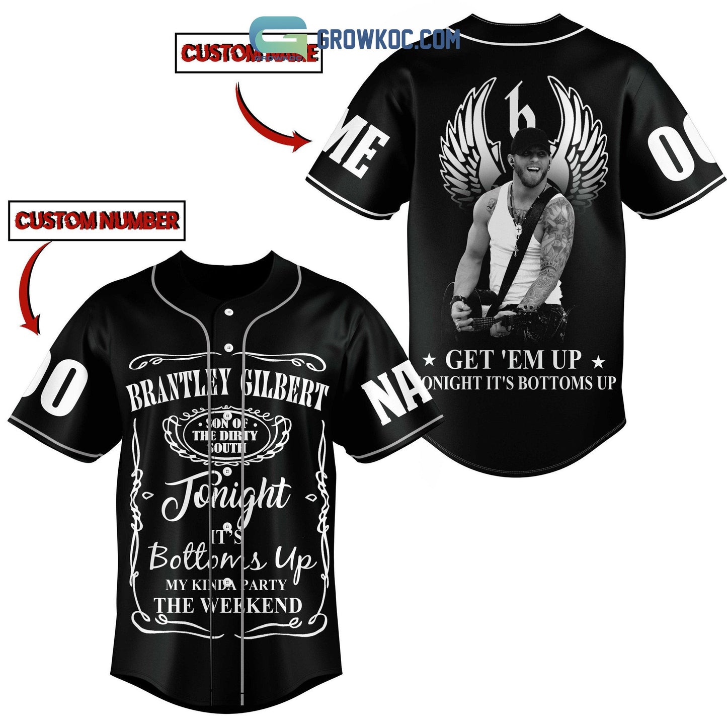 Brantley Gilbert Get’em Up Tonight It’s Bottoms Up Personalized Baseball Jersey baseball jersey product view 1