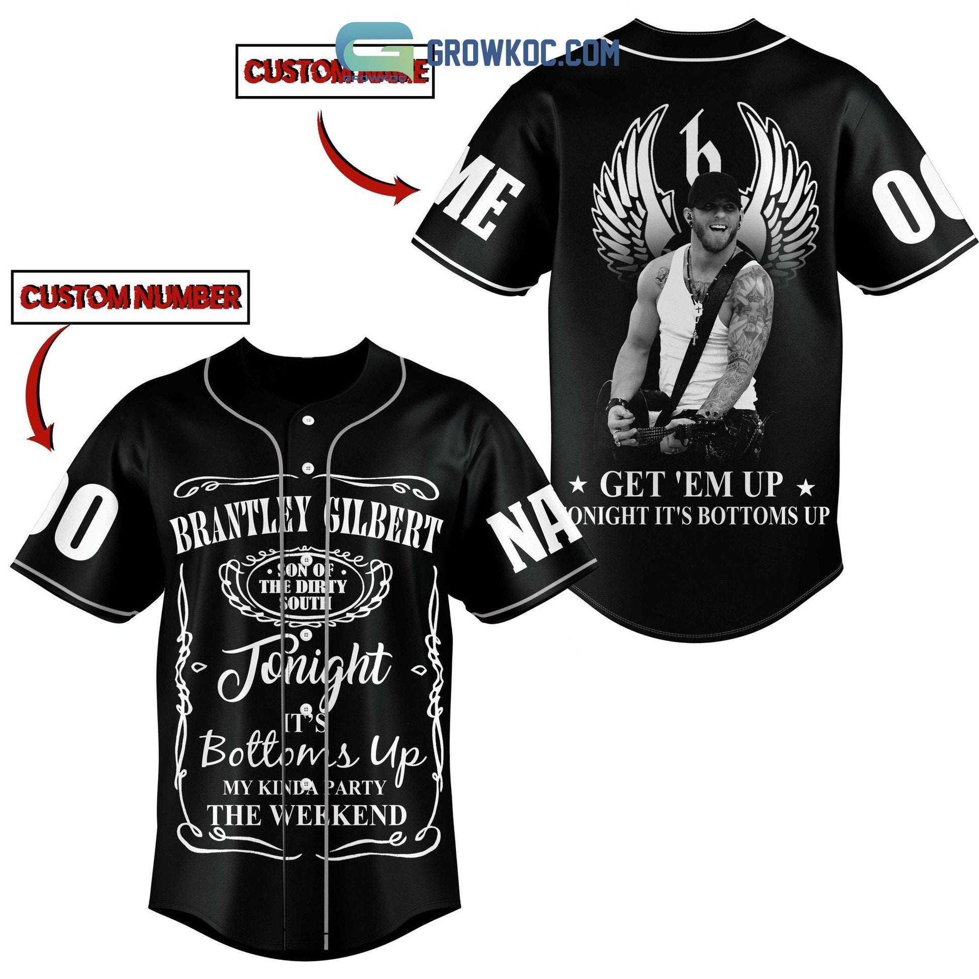 Brantley Gilbert Get’em Up Tonight It’s Bottoms Up Personalized Baseball Jersey baseball jersey product view 1