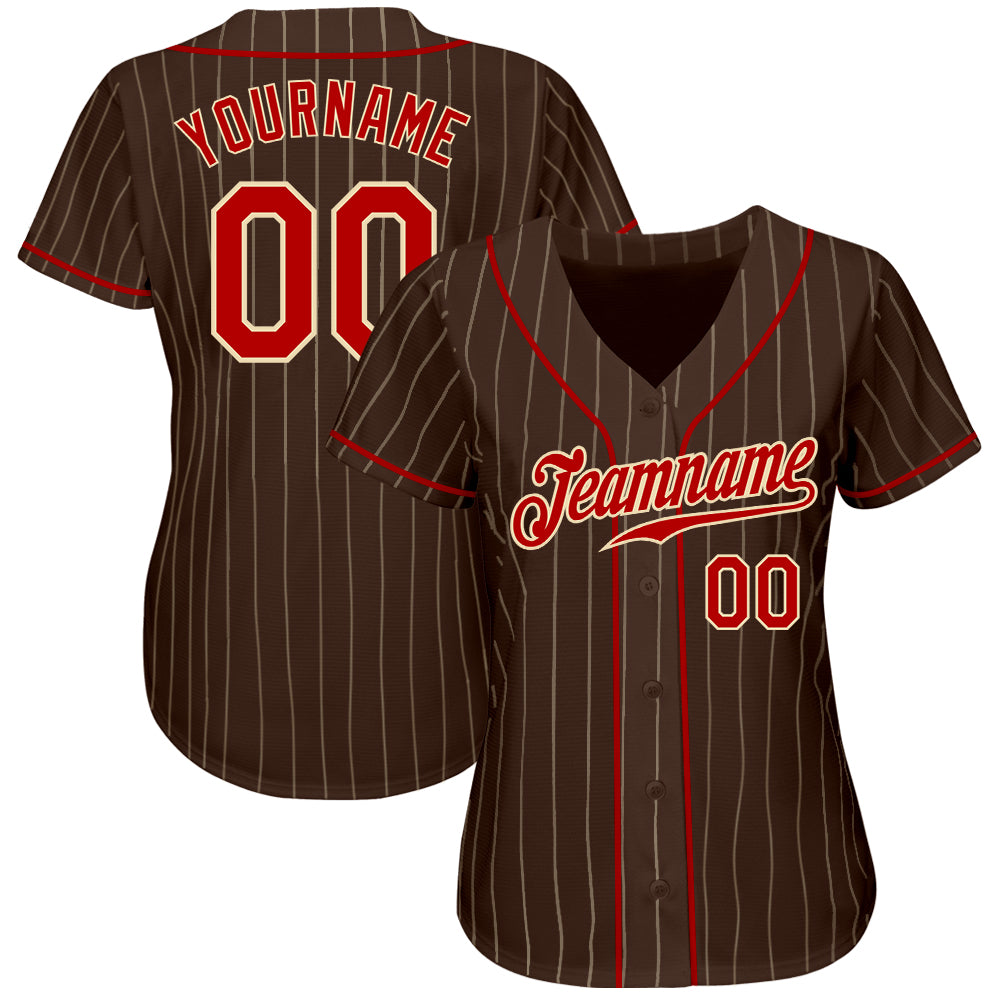 Custom Brown Cream Pinstripe Red-Cream Authentic Baseball Jersey baseball jersey product view 2
