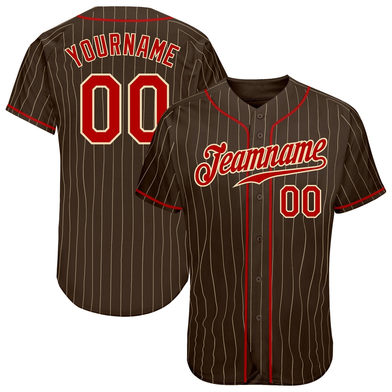 Custom Brown Cream Pinstripe Red-Cream Authentic Baseball Jersey baseball jersey product view 1