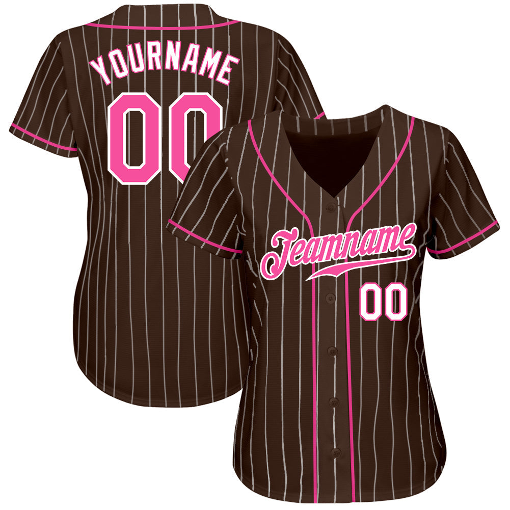 Custom Brown White Pinstripe Pink-White Authentic Baseball Jersey baseball jersey product view 2