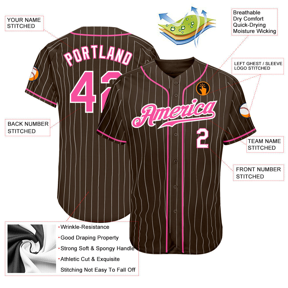 Custom Brown White Pinstripe Pink-White Authentic Baseball Jersey baseball jersey product view 3