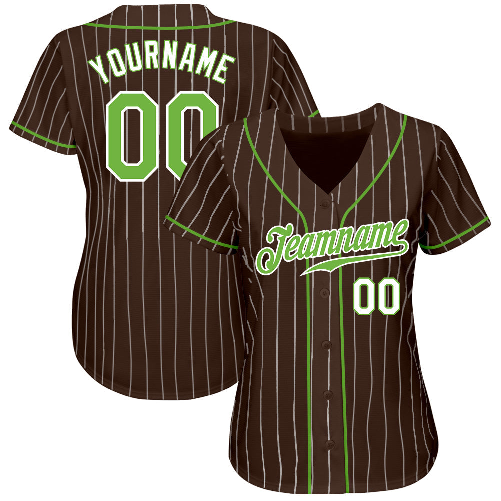 Custom Brown White Pinstripe Neon Green-White Authentic Baseball Jersey baseball jersey product view 2