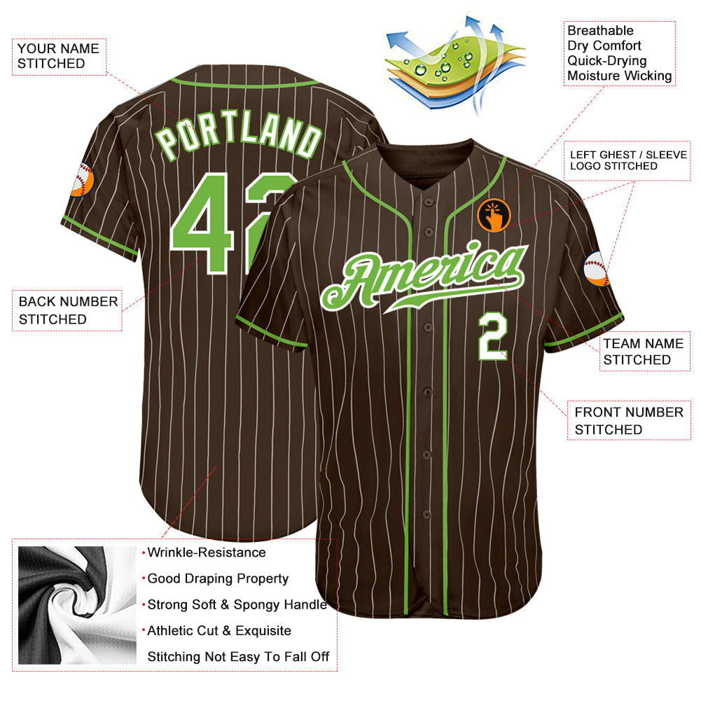 Custom Brown White Pinstripe Neon Green-White Authentic Baseball Jersey baseball jersey product view 3