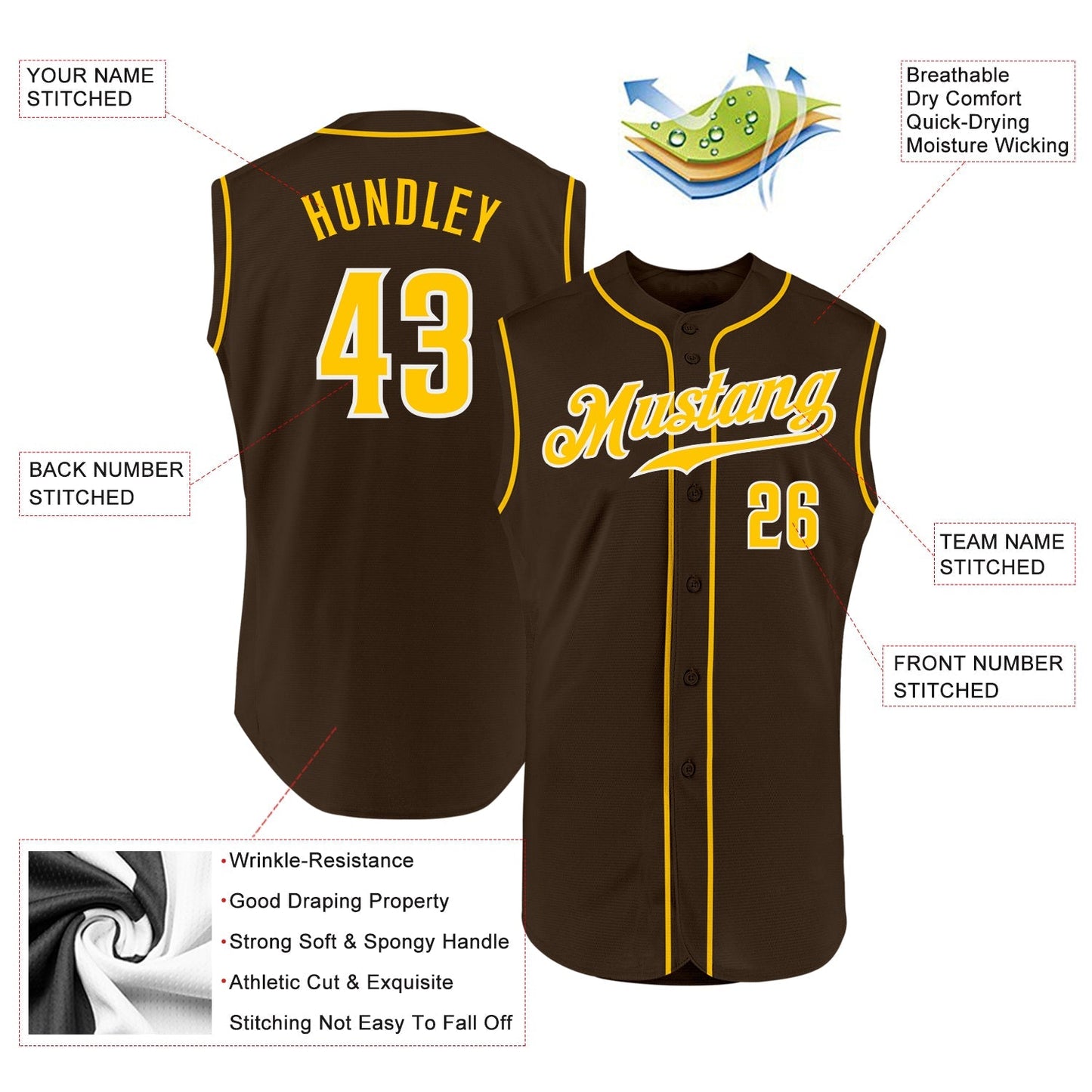 Custom Brown Gold-White Authentic Sleeveless Baseball Jersey baseball jersey product view 2